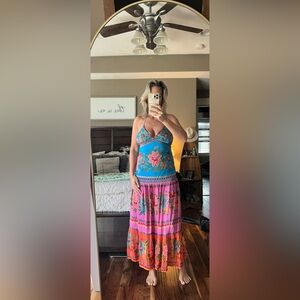 FARM Rio Bright Turquoise Viscose Top with Multicolor Trim